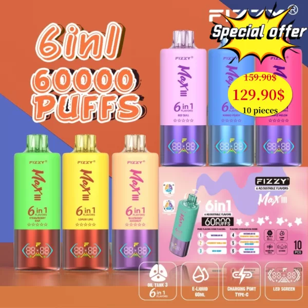 Special offer :  Fizzy MAX III 60000 puffs 6 flavors in 1 vape (10pcs)