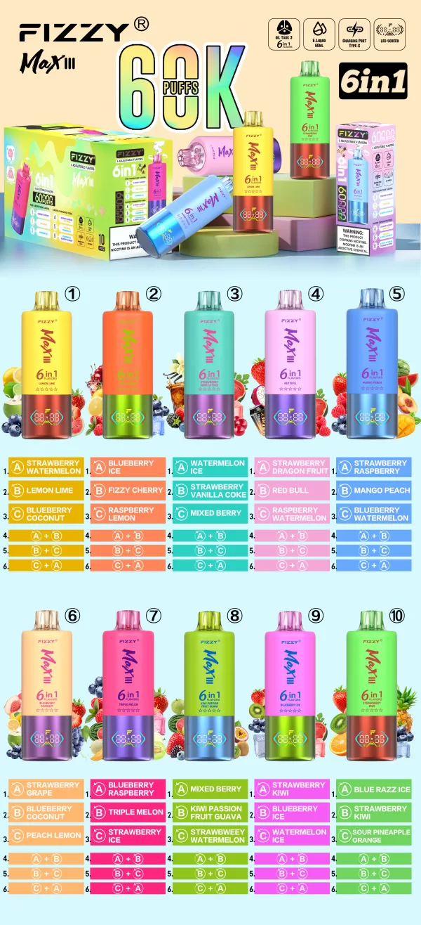 Special offer :  Fizzy MAX III 60000 puffs 6 flavors in 1 vape (10pcs) - Image 2
